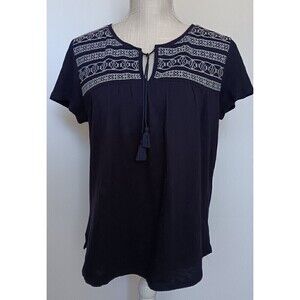 Talbots Women's Size M Navy/White Embroidery Tunic Top